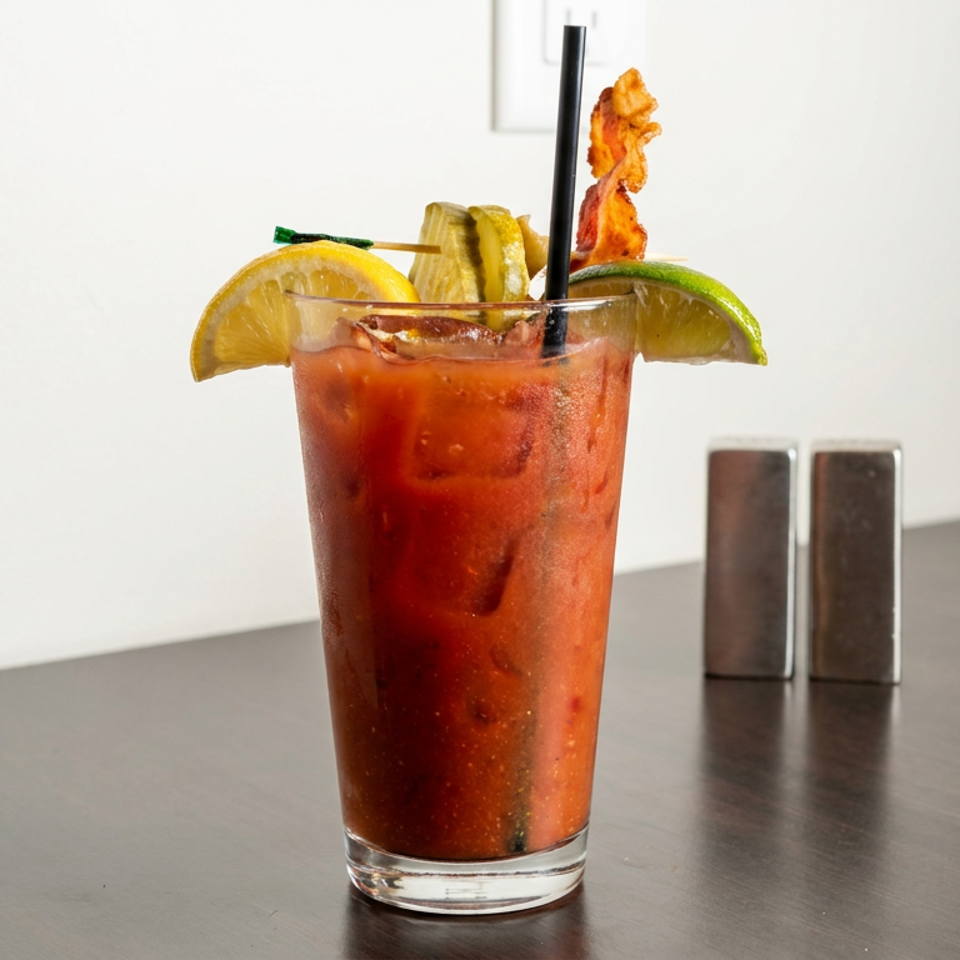 Bloody Mary cocktail garnished with lemon, lime, pickles, and crispy bacon on a restaurant table.